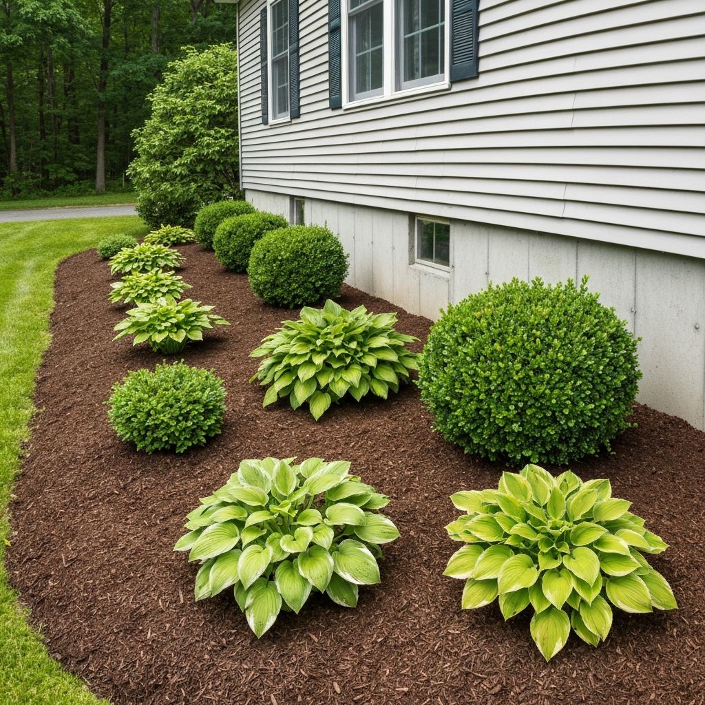 Fresh mulch beds with hostas and shrubs along home foundation