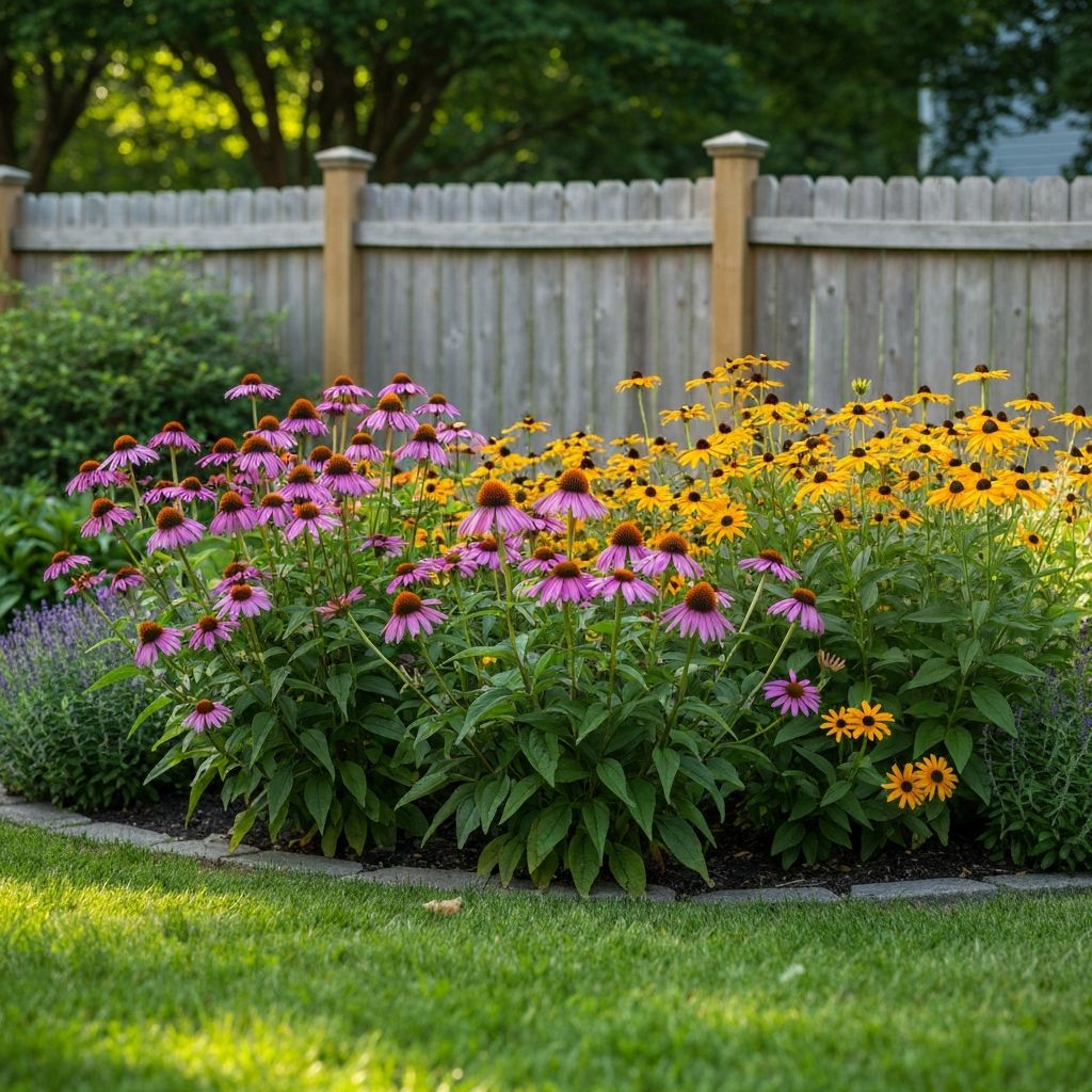 Colorful perennial flower bed with coneflowers