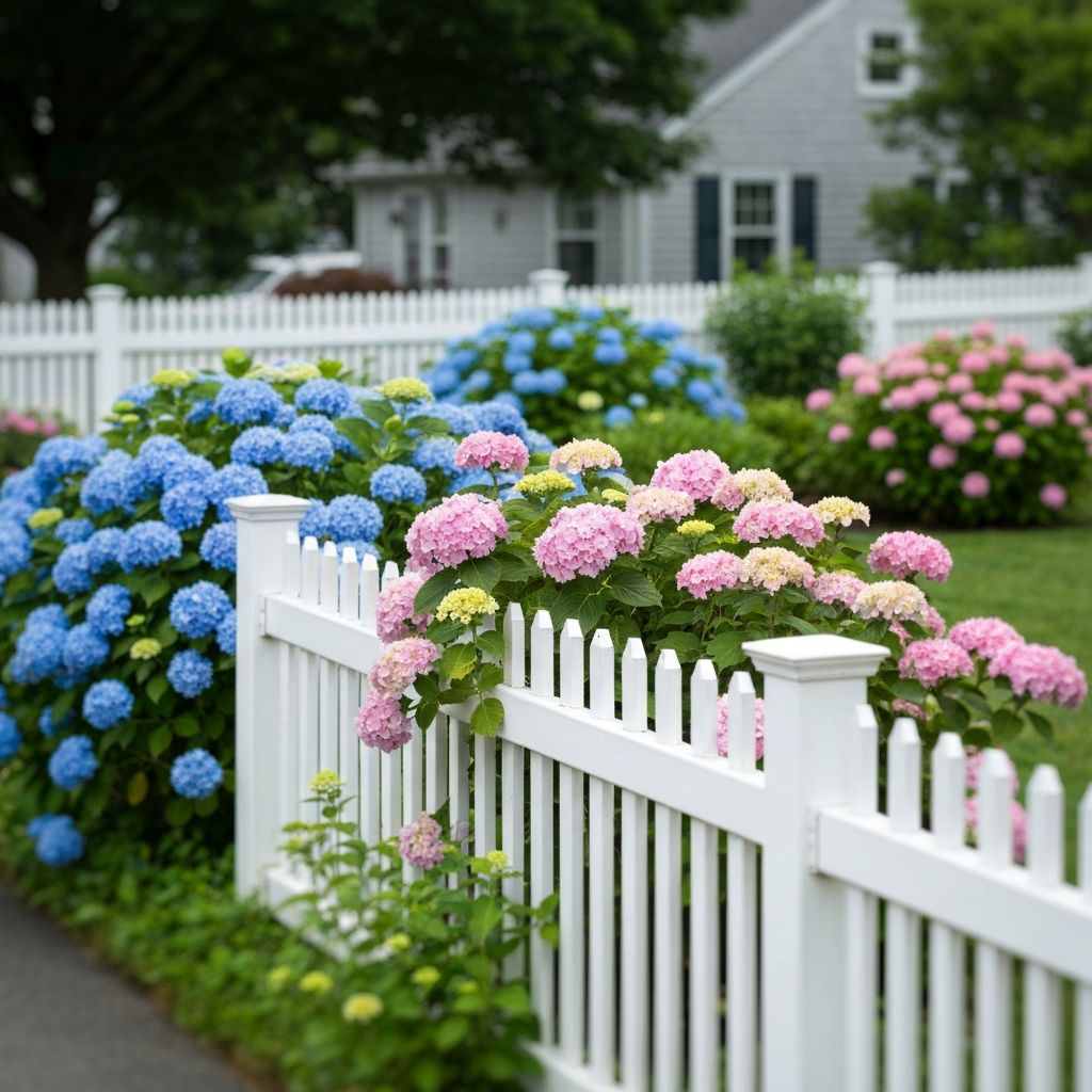 Hydrangea bushes along white picket fence
