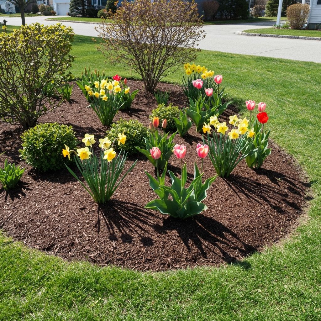 Spring bulbs and tulips blooming in front yard