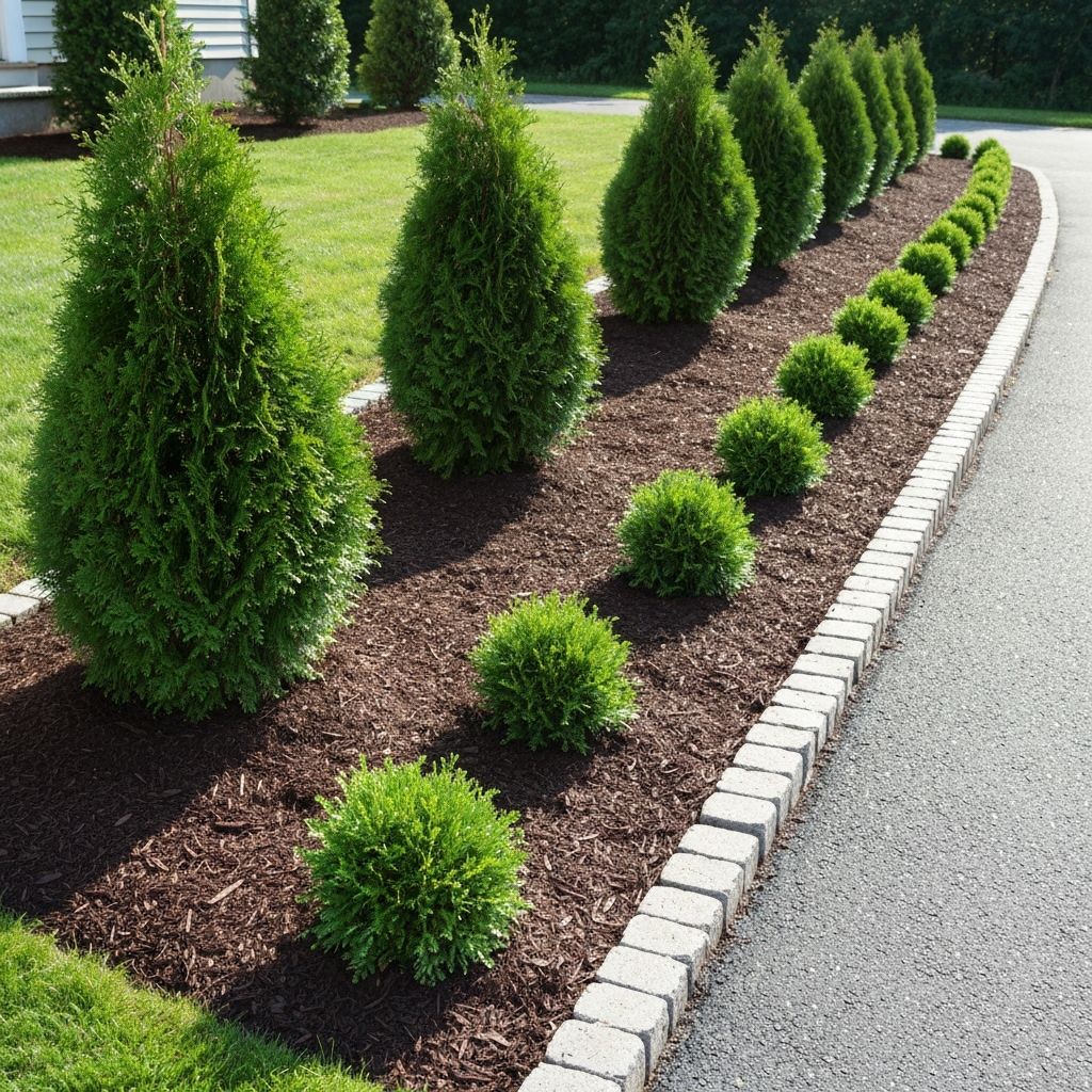 Evergreen shrubs along residential driveway