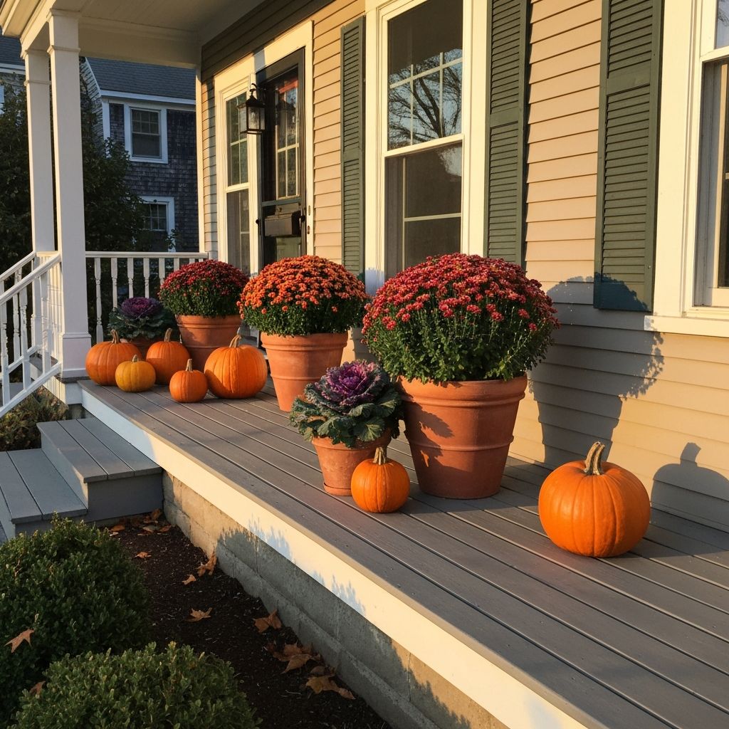 Fall mums and seasonal porch decor